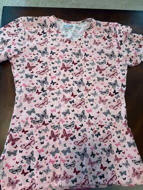 Women’s Pink Butterfly Print Scrub Top - Unbranded